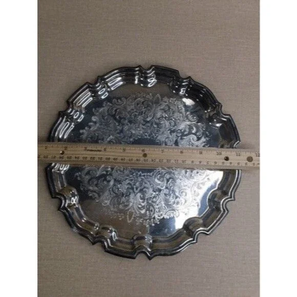 Vintage Frank Hawker England Crafton Round Silver Plate Tray w Stepped Edges 10